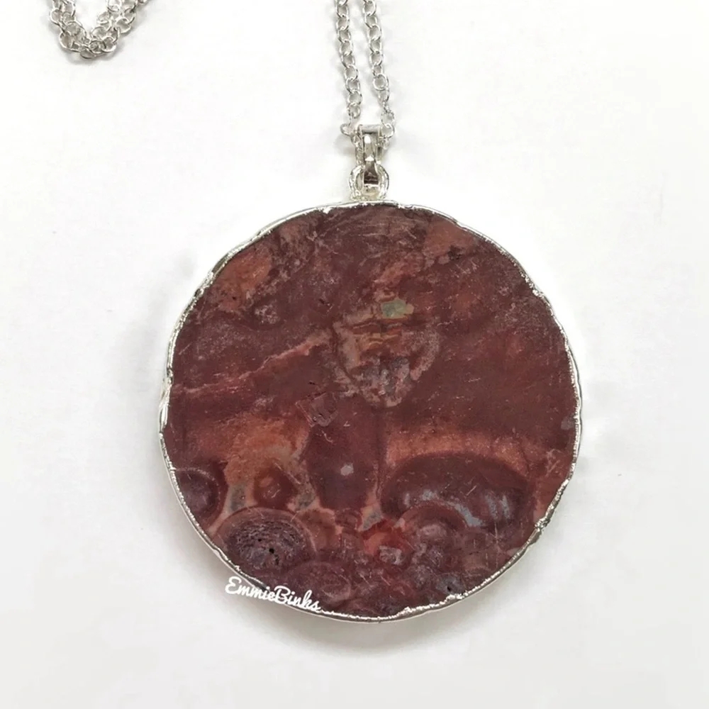New 925 Sterling Silver Red Mexican Happy Lace Agate Slice Pendant Necklace - Picture 1 of 14